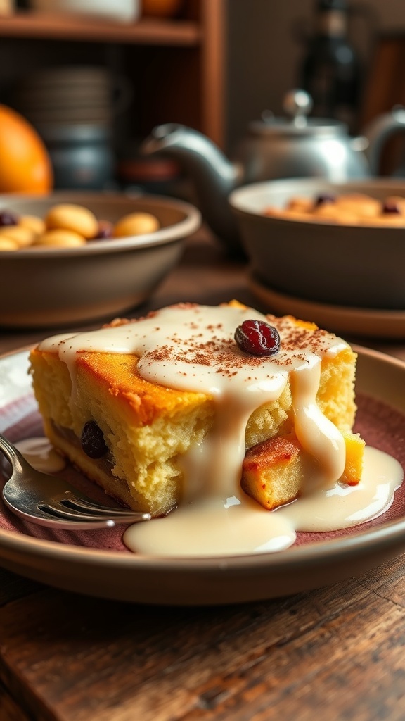 A warm bowl of bread pudding topped with vanilla sauce and a sprinkle of cinnamon, served with a fork.